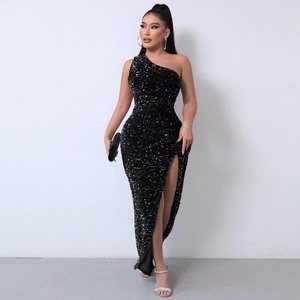 <strong>Sequin</strong> Embellished Fit and <strong>Flare</strong> With One Shoulder Detail in Evening Dress - Product Image 1
