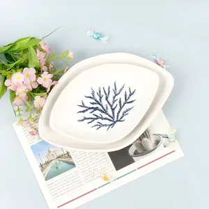 Mangkuk porselen mewah kustom gaya Jepang mangkuk keramik bentuk karang garis biru lukisan tangan untuk sup buah