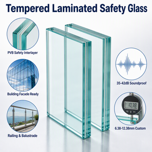 Vidrio de Seguridad Laminado Templado con Interlámina de PVB para Fachadas de Edificios, Barandillas, Tragaluces, 6.38mm, 8.38mm, 10.38mm - Product Image 1