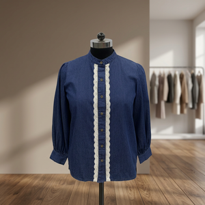 Blusa de Mezclilla para Mujer con Ribete de Encaje, Cuello Mao, Manga Larga, Corte Holgado Informal, Camisa con Botones - Product Image 2