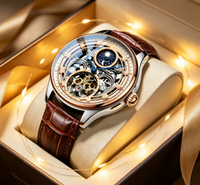 Montre mécanique automatique pour homme, cadran squelette ajouré, affichage des phases lunaires, bracelet en cuir véritable marron, montre-bracelet de style professionnel