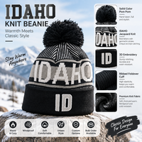 Bonnet en jacquard Idaho avec pompon, logo brodé 3D, bord côtelé, bonnet d'hiver en tricot unisexe, bonnet chaud pour le ski en plein air