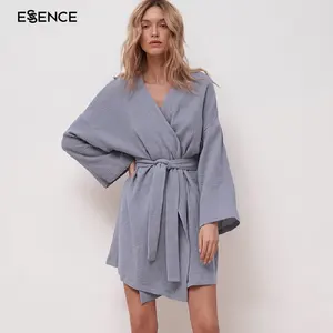 Custom Light Robes For Coverage Long Sleeve Cotton Robe With Sashes Double Crepe Dresses Bathrobe Female sleepwear