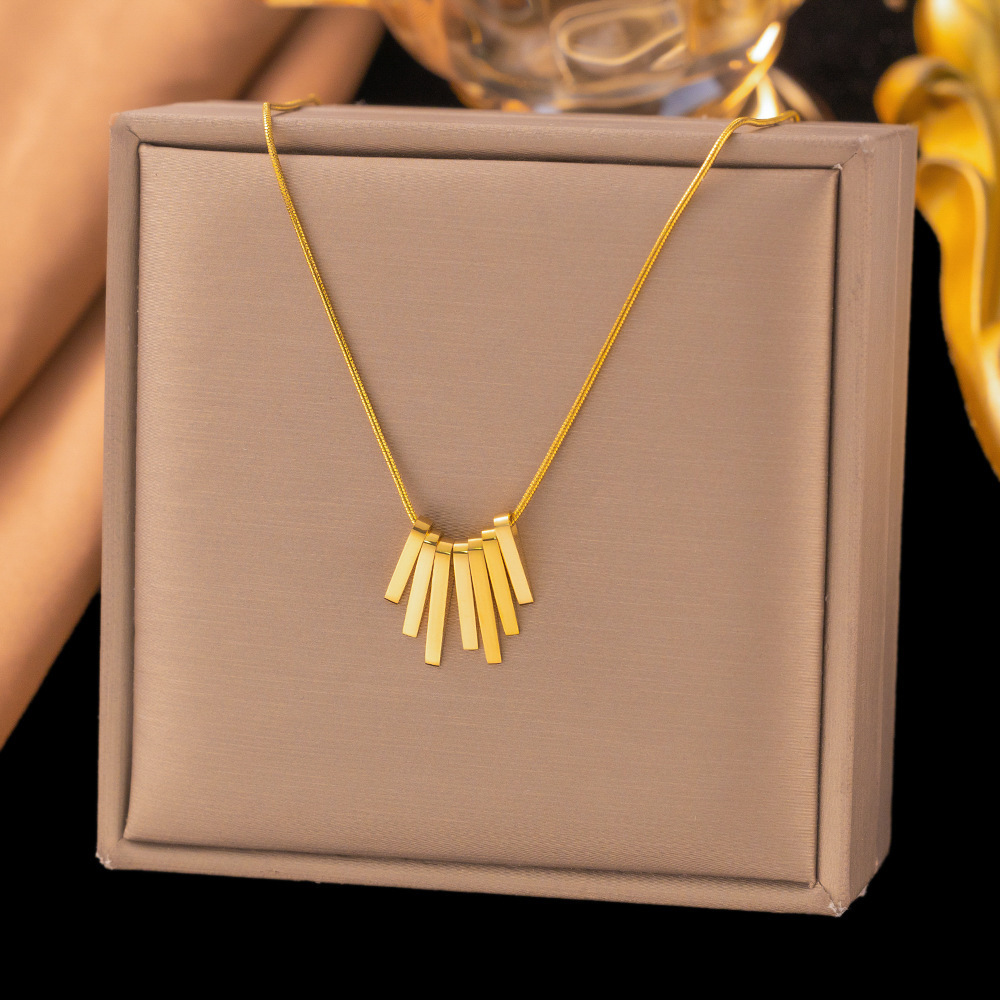 Golden square bar pendant on stainless steel necklace