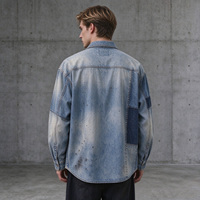 Chemise en jean vintage Dirty Spray, effet délavé, patchwork, manches longues, streetwear personnalisé pour homme