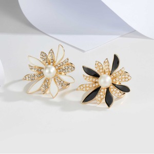 Flower Shape Clip On <b>Earrings</b> With Pearl And Rhinestones Black And White Everyday Wear - Product Image 3