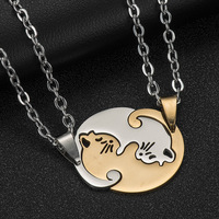 Cadeau de saint-valentin 2 pièces/paire pendentif coeur rond meilleur ami Couples acier inoxydable assorti Yin Yang collier de chat bijoux
