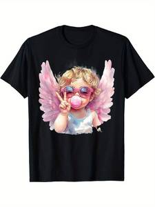 T-shirt casual da uomo a maniche corte, nera, con stampa grafica Cupido per San Valentino, vestibilità comoda, girocollo, stampa digitale, tessuto jersey. - Product Image 1