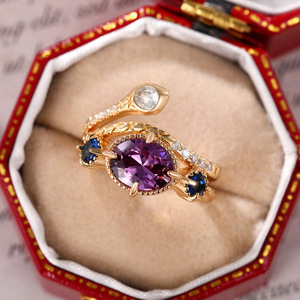 Anillo de cóctel F1804 con diseño de serpiente para mujer, con amatista ovalada y engaste de puntas, anillos de compromiso de moda - Product Image 4
