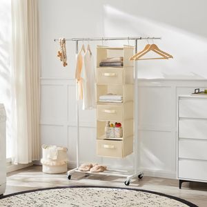 Organisateur de placard suspendu 6 niveaux beige, étagère de rangement pliable avec crochets pour l'organisation de la chambre - Product Image 4
