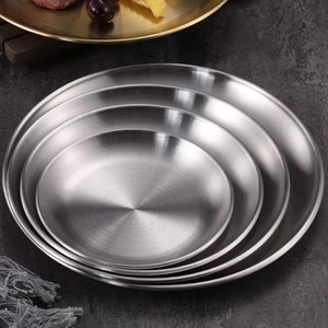 Assiette coréenne en acier inoxydable 304 poli couleur or, compatible <span class=keywords><strong>micro</strong></span>-ondes, ronde, à fond plat, peu profonde, pour fruits, gâteaux et grillades - Product Image 3