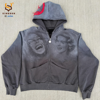 Sudadera con capucha personalizada de algodón 100% de 420GSM de alto gramaje, con cremallera completa, lavado vintage, corte holgado para hombre, estampado DTG de retrato