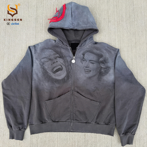 Sweat à capuche personnalisé 420 GSM en coton épais 100 %, lavage vintage, fermeture éclair, coupe ample pour homme, impression DTG portrait, entièrement zippé - Product Image 4