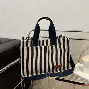 Striped Canvas Tote Stylish Thick Tote Bag with Sturdy Handles and Bottom Cruelty Free Black Blue Food Safe Usage - Product Image 5