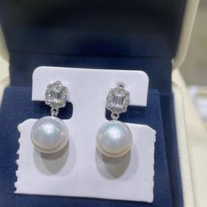 10-11mm Edison Pearl Drop Earrings, Near Round High Luster Slight Blemish Pearl, 925 Sterling Silver Rectangle Crystal earring - Product Image 5