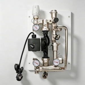 Centre de mixage pour chauffage par le sol intégré, système de mixage en laiton, pompe de circulation pour système de chauffage avec thermostat et manomètres - Product Image 1