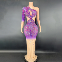 Robe de soirée bleue pour femme avec strass, moderne, romantique, sexy, ajourée, tendance, pour anniversaire, longue, en maille