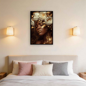 Peinture sur toile abstraite moderne de femme noire avec feuille d'or, art mural glamour de dame américaine pour la décoration du salon et de la chambre - Product Image 3