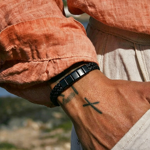 <b>Leather</b> Woven Stainless Steel <b>Bracelet</b> Black Braided Men Women Fashion Jewelry Party Geometric Design D2739 1D2758 1 - Product Image 2