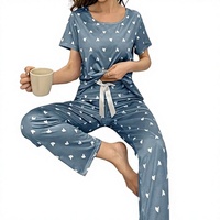 Ensemble de pyjama pour femmes, imprimé cœur bleu, col court, manches courtes, tricoté, 100% coton, respirant, doux, décontracté, automne/printemps, longueur intégrale