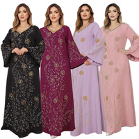 Robe décontractée transfrontalière en polyester ornée de strass thermocollés, grande taille, à manches longues, col en V, couleur unie, coupe ample pour femme