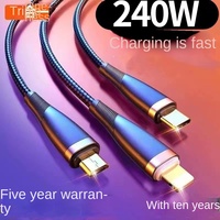 Kabel Data Tipe-C Tiga-dalam-Satu Nylon Pengisian Daya Super Cepat 200W untuk 15 Perangkat, Kompatibel dengan Earphone OPPO Glory