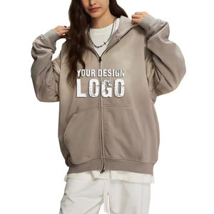 Customized Logo Spray Dye Distress Zipper Women's Hoodie Outdoor Casual Washed Vintage <b>Cardigan</b> Lady Hoodies Coat - Product Image 2