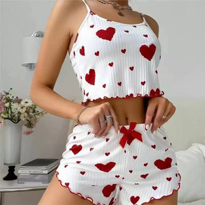 Conjunto de Pijama de Algodão Feminino para o Verão com Estampa de Coração, Top Sem Mangas e Shorts, 2 Peças, Respirável, Secagem Rápida, Cintura Elástica - Product Image 2