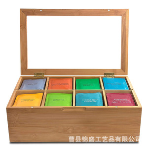 Caja de almacenamiento de té de bambú con tapa de vidrio, 6 compartimentos, rectangular, hecha a mano, para bolsas de té, bolsas de café - Product Image 4