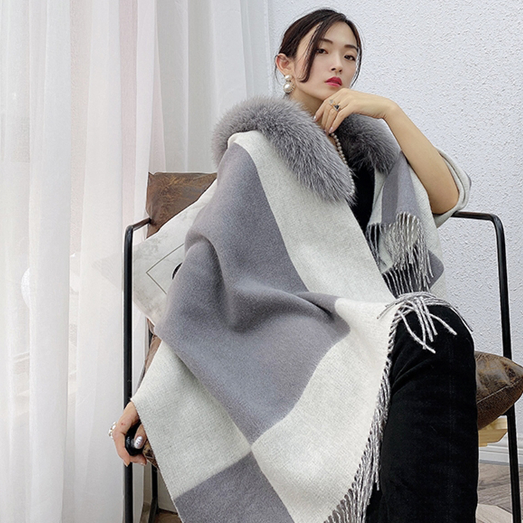 Lady Custom Cashmere Wool Shawl Cape Poncho Real Fox Fur Collar Winter Wholesale Fur Shawl