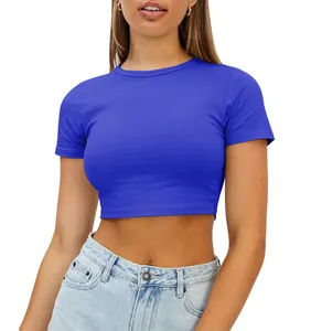 Grosir Crop Top lucu trendi dasar ketat Scoop Neck Crop Top lengan pendek untuk wanita atau remaja perempuan