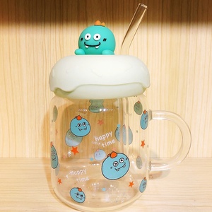 Lindo patrón de dibujos animados taza de vidrio con tapa pajita resistente a altas temperaturas taza de leche para el desayuno para niños para presentaciones de agua - Product Image 6