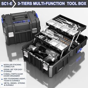 Boîte à outils empilable à 4 niveaux, en plastique imperméable, sur roulettes |   Système de rangement modulaire, tiroirs portables, boîte à outils de garage R505, portable également - Product Image 4