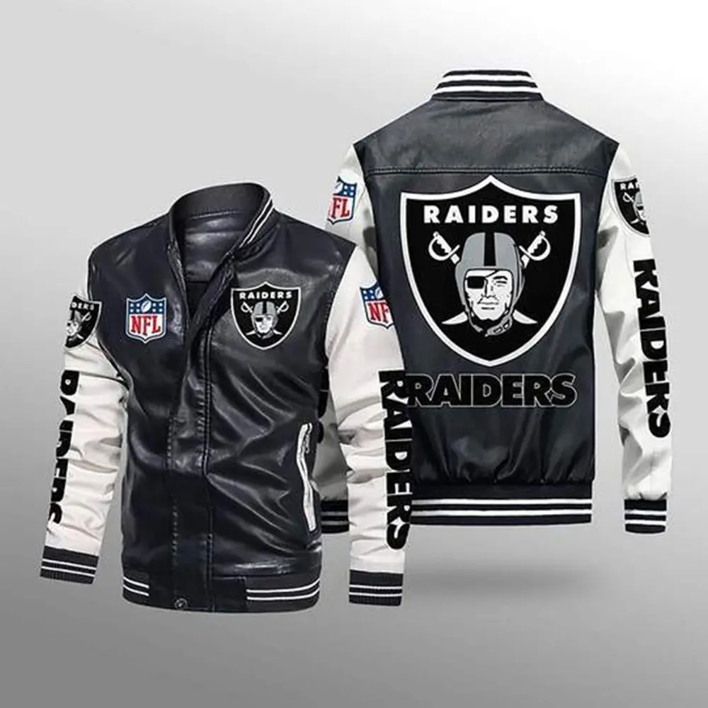 Casual NFLE Raiders American Football Team Outdoor Windproof Clothes Men's Baseball Zip Jacket Handsome Coat Snug Leather