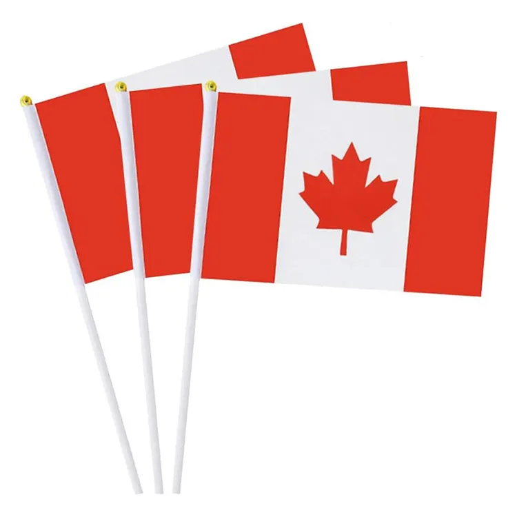 Commercio all'ingrosso poliestere nazionale Canada sventolante bandiera canadese piccolo bastone Mini bandiera tenuta in mano