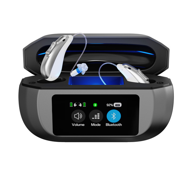 BTE Hearing Aid with Color Display, Wireless APP Tuning, Large Case, 60Hrs Use, No Whistling, Comfortable Fit for Seniors