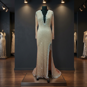 Royal Modern Elegant Design Party Wear <b>Beaded</b> Full Sleeve Side Slit V-neck Bow Natural <b>Waist</b> Gown Rajgadhia Exports - Product Image 3