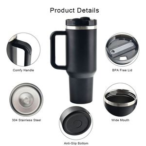 Gobelet isotherme personnalisé de 40 oz en acier inoxydable à double paroi, tasse à café isolée sous vide de 40 oz, tasse de voyage pour voiture avec poignée et couvercle à paille - Product Image 3