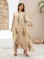 Robe longue Abaya musulmane pour femmes, broderie de sequins, imprimé floral, col montant, manches longues, coupe ample, robe maxi