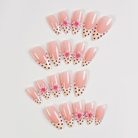 Faux ongles 3D roses à presser, forme amande moyenne, French manucure nude avec pois, pour femme, usage quotidien estival