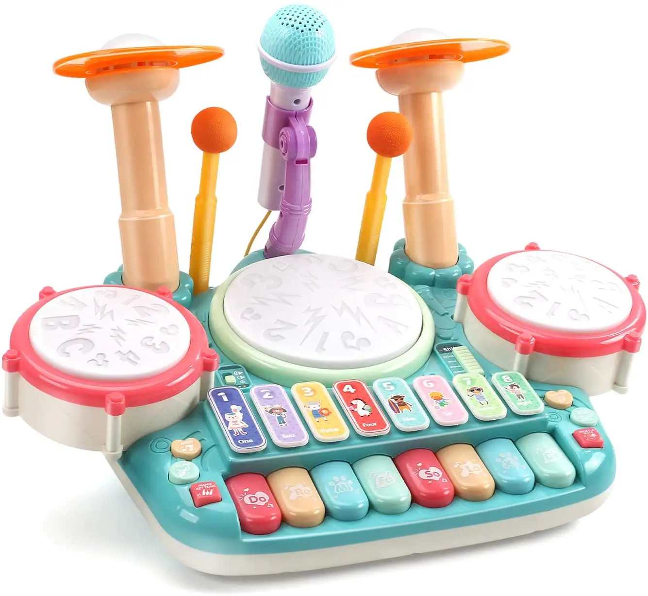 Brinquedo de instrumentos musicais, 5 em 1, 2 microfone aprendizagem Brinquedos Teclado de Piano Xilofone Tambor Brinquedos Conjunto com Crianças de Luz Eletrônico