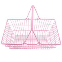 Panier de courses en fil métallique rose avec poignées, chariot de supermarché portable pour le rangement et l'organisation à domicile