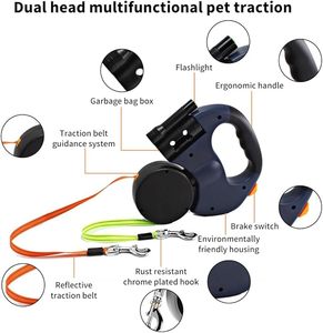 Desain baru dua tali anjing dengan pemegang tas limbah & lampu led-bebas kusut, ekstensi 3m, Ideal untuk jalan-jalan malam - Product Image 5