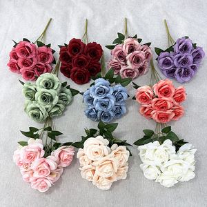 Boda Flor de Rosa artificial 7 cabezas Mesa Rosa Salvia Flores verdes Estilo europeo Ramo Centros de mesa Decoración - Product Image 3