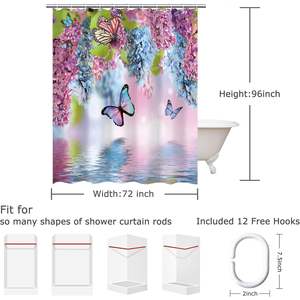 Blue Butterfly Watercolor Flowers & Green Leaves Shower <b>Curtain</b> Cute EVA Fabric Bathroom Home Decor Includes <b>Hooks</b> - Product Image 5