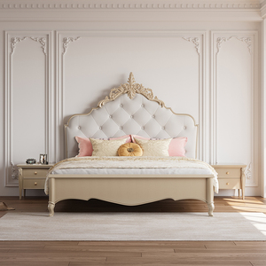 <span class=keywords><strong>Lit</strong></span> capitonné en bois massif de style français personnalisable pour projets hôteliers/appartements - Taille King avec cadre sculpté, OEM/ODM - Product Image 3