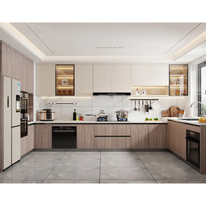 Ensemble d'armoires de cuisine en panneaux de particules bon marché, design moderne, imitation bois, mélamine, MDF, avec électroménagers - Product Image 1