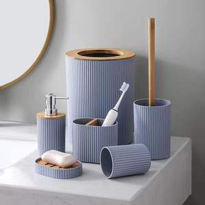 Eco-Friendly 6-Piece Modern Anti-bacterial Bathroom Storage <strong>Set</strong> <strong>Bamboo</strong> Toilet Brush Kit Vanity Cabinet Trash Can Toothbrush - Product Image 4