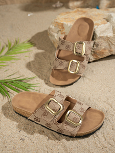 Spring Comfort - Pantoufles en peau de mouton pour femmes, dessus en tricot, doublure en polaire, semelle en PVC, bout ouvert imprimé léopard, décor avec nœud, semelle plate - Product Image 3