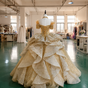 Mc020 Elegant Gold Quinceanera Gown Beaded Bodice Glitter Lace Applique Princess Ball Dress Tiered Party Natural for - Product Image 4